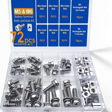 Lot de 72 boulons et écrous pour bornes de batterie, 6 tailles : M5x10/12/14, M6x16/18/20 mm, boulons de batterie de moto en acier inoxydable avec écrous carrés (1/5)