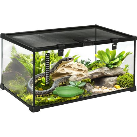 Contenitore per rettili, contenitore per l'allevamento di rettili, habitat per terrario, trasparente, coperchio scorrevole, rete metallica, dispenser d'acqua, termometro incluso, vetro e metallo, 50x3