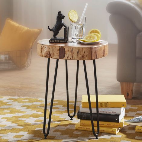 Table d'appoint aspect tronc d'arbre 35 cm en acacia et métal - SURATE (1/5)