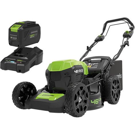 Greenworks – Tondeuse autoportée 48 V 46 cm 3-en-1 avec batterie 4 Ah – Moteur brushless – Hauteur de coupe 25-80 mm – Sac de ramassage 55 L