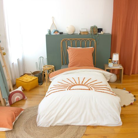 Parure de lit imprimée 140x200 cm Enfant - Housse de Couette + 1 Taie d'oreiller 63x63 cm Motif Soleil tufté Orange et Blanc – Coton