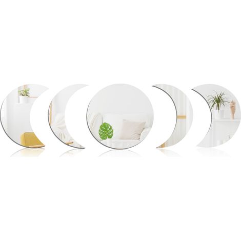 Décor mural miroirs acryliques phases de lune dorés/argentés – Lot 5 stickers (pleine lune Ø30cm, croissants 7.3x29cm & 13.5x27cm) facile à coller (1/5)