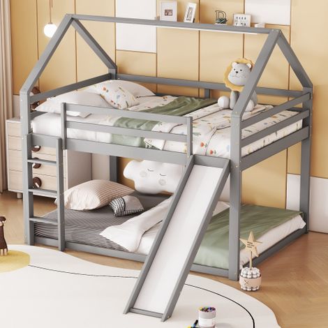 Litera 140x200 cm, cama doble infantil, cama alta con tobogán, madera de pino, gris, sin colchón (1/5)