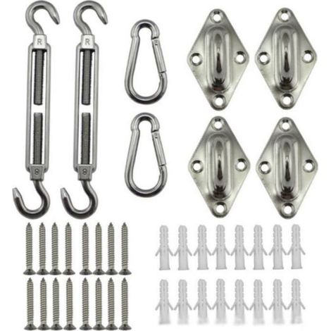 Kit Accessoires Auvent - Acier Inoxydable 304 - Pour Voile D'ombrage Triangle Carré Rectangle - 4 Œillets 2 Mousquetons 2 Vis Tension 16 Vis (1/3)