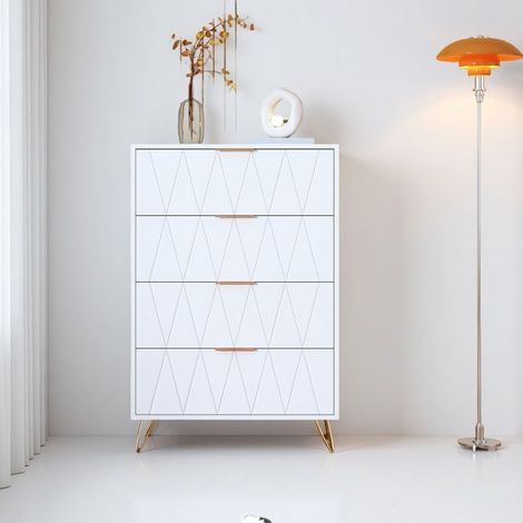 Comò - Bianco - 4 Cassetti - Piedi Dorati - Stile Moderno Minimalista