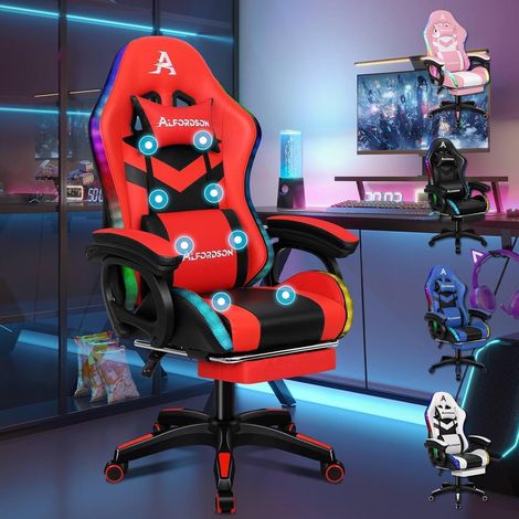 Gaming Stuhl Massage Gamer Sessel LED RGB Beleuchtung Lordosenstütze Rot Marc (1/5)