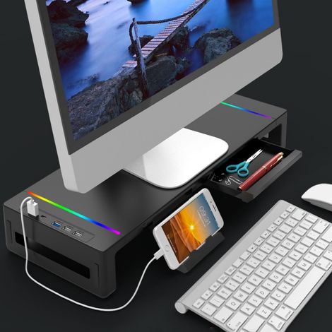 Support de moniteur Pliable, TopMate RGB Ordinateur Moniteur Riser Hub USB 3.0, Support de bureau avec tiroir de rangement Écrans d'ordinateur, iMac, ordinateur portable, imprimante-noir (1/4)