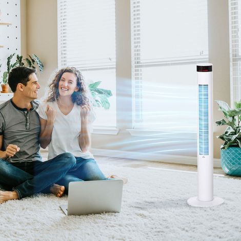 Ventilateur sur colonne avec 3 vitesses et 4 modes, minuteur de 12h, panneau LED et télécommande, blanc (1/5)