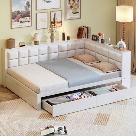Canapé-lit double 140x200 en pin, dossier moelleux, tiroir de rangement, multifonctionnel, couleur blanc (sans Matelas) (1/5)