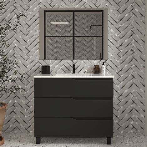 Meuble sous vasque seul, 3 tiroirs, 90cm, pour simple vasque - noir - MATA