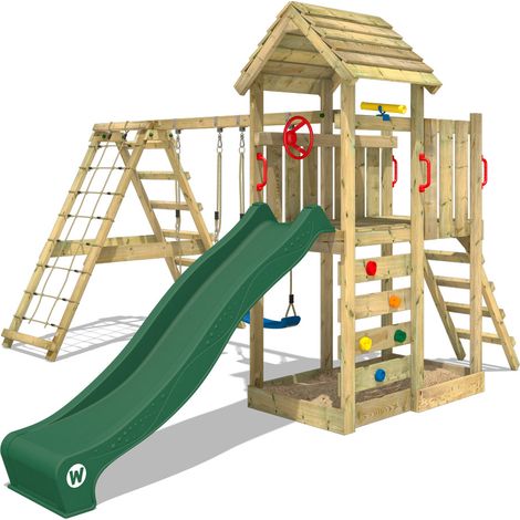 Wickey Wooden climbing frame RocketFlyer with swing set and slide, Garden playhouse with sandpit, climbing ladder & play-accessories - green