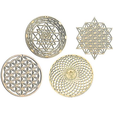 Ensemble de 4 décorations murales géométriques sacrées « Fleur de Vie » en bois, comprenant une grille en cristal et une sculpture murale en bois. (1/5)