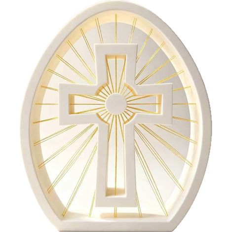 Décoration de table croix religieuse, ornement ovale style string‑art blanc et doré, hauteur 14 cm (1/5)