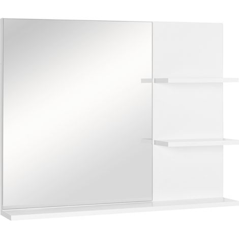 Miroir de Salle de Bain avec étagères - 2 étagères latérales + Grande étagère inférieure - kit Installation fourni - MDF Blanc (1/5)