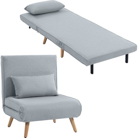 3-in-1-Schlafsessel, 1-Sitzer mit 5-fach verstellbarer Rückenlehne, in grauem Stoff mit integriertem Kissen, ideal für kleine Räume und Gäste.