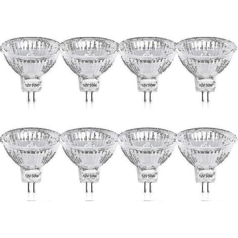 Ampoule halogène GU5.3 MR16 à intensité variable 50 W, culot 2 broches basse tension 12 V CC, projecteur à réflecteur, 800 lumens, blanc chaud 2800 K (lot de 8). (1/5)