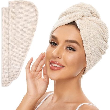 Confezione da 2 asciugamani in microfibra per capelli da donna,assorbenti e leggeri (beige)