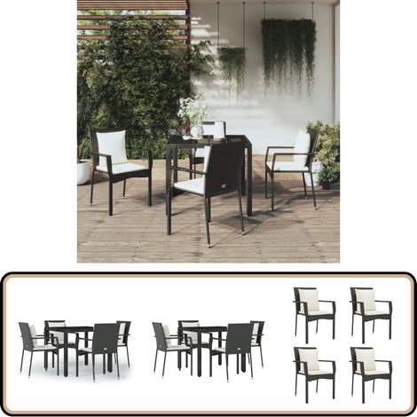 5-tlg. Garten-Essgruppe mit Kissen Schwarz Poly Rattan - Gartensessel - Gartentisch - Gartenmöbelset - Outdoor Möbel - Rattan Gartenmöbel