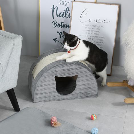 Grotte pour chat avec griffoir, lit pour chat, maison pour chat, appartement pour chat, sisal gris, 48,5 x 30 x 30 cm