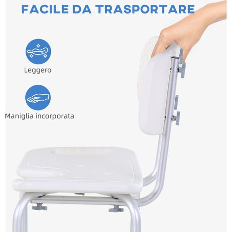 Chaise de douche ajustable 8 niveaux avec évacuation, aluminium/polyéthylène, 48x42x71-83.5 cm, blanc & argent (1/5)