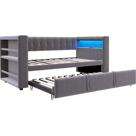 Letto imbottito multifunzione in flanella grigio scuro con LED, prese e vani contenitore (1/5)