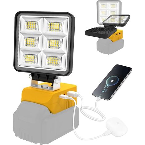 Lampe de Chantier Compatible avec Dewalt 18V, 5200LM Projecteur, 2 Modes 6000K Lumière Portable avec Type C et USB pour Chantier, Garage, Camping, Pêche, Sans Batterie (1/5)