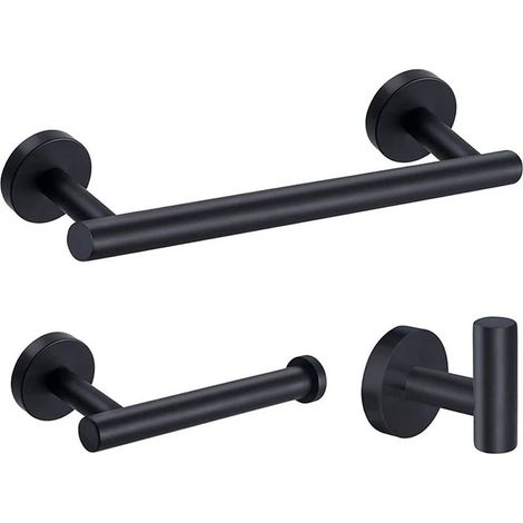 3 Pcs Porte-Serviettes Inoxydable Chrome Porte-Serviettes Mural Sets D'accessoires de Salle de Bains 12"/305mm Porte Serviette + Support Papier Toilettes + Crochets Serviettes (Noir)