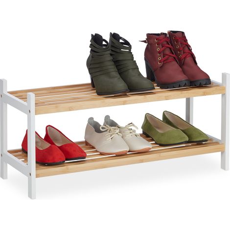 Relaxdays Schuhregal, Schuhablage mit 2 Ebenen, bis 6 Schuhpaare, Bambus & Birkenholz, HxBxT 33 x 70 x 26 cm, natur/weiß