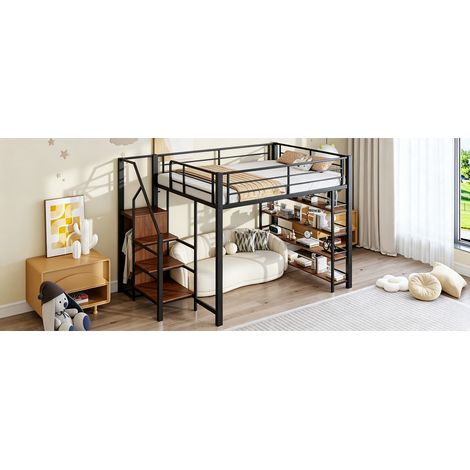 Lit superposé 140x200 avec échelle de sécurité, rangements intégrés, petite penderie et étagères, barrière haute, lit jeune en noir. (1/5)
