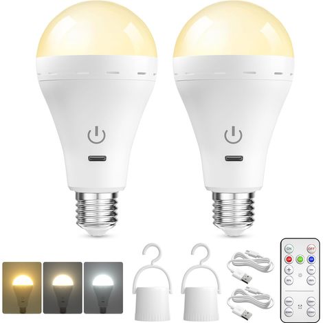 E27 USB-wiederaufladbare Glühbirne mit Fernbedienung, LED-Glühbirne, wiederaufladbarer Akku, dimmbar, 3 Farbtemperaturen mit Zeitfunktion (2er-Pack)