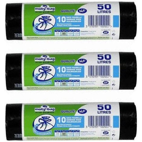 Lot de sacs poubelle - 3 x 50 litres - Avec liens de fermeture - Sachet de 10 sacs