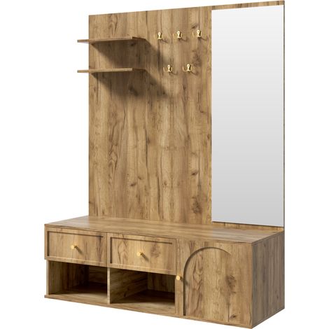 Flurmöbel mit Spiegel, Schuhbank, Schubladen und 5 Haken, Holzoptik 120 x 35 x 159 cm (1/5)