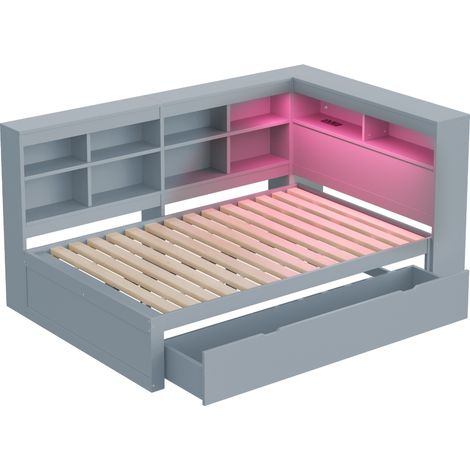 Letto matrimoniale multifunzione 140 x 200 cm grigio con cassetti, mensole, presa USB e LED (1/5)
