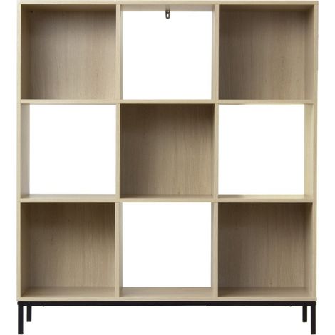 Calicosy – Etagère de rangement 9 cases – Dimensions 93,5 x 29,8 x 103,3 cm – Panneau de particules décor bois – Pieds en métal noir (1/5)