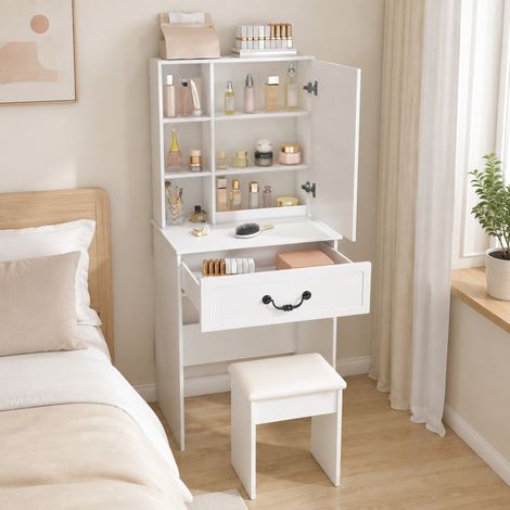 Schminktisch mit dimmbarem LED-Spiegel, 3 Lichtfarben, Hocker, 60 x 36 x 131,5 cm, MDF, Weiß (1/5)