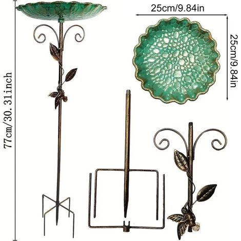 (Vert) Bain d'oiseaux d'extérieur, mangeoire à oiseaux sur pied en métal, hauteur réglable, résistante à l'hiver, décoration pour jardin (1/5)