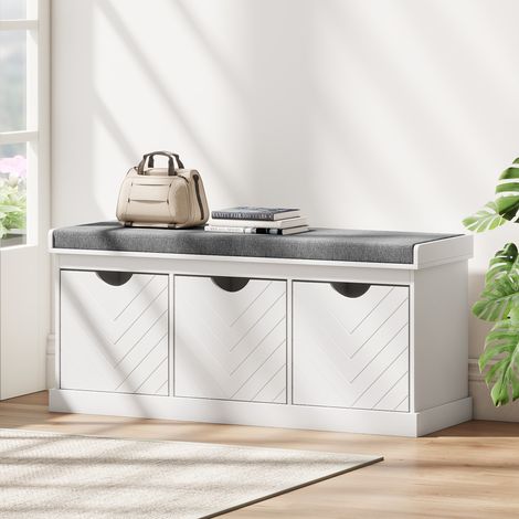 Banc Chaussures Entrée, 3 Tiroirs Amovibles, Coussin Rembourré Tissu Aspect Lin, Blanc (1/5)
