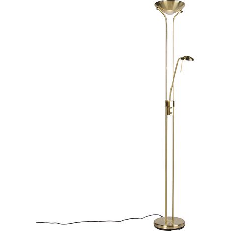 QAZQA + Moderno Lámpara de pie dorada con lámpara de lectura con LED y atenuador - Diva 2 Acero Redonda /Alargada Incluye LED Max. 2 x 18 Watt