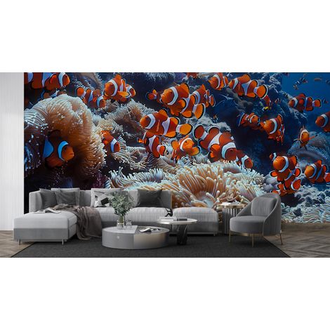 Papier peint animaux - banc de poissons-clowns dans les coraux - 150 x 250 cm (1/2)