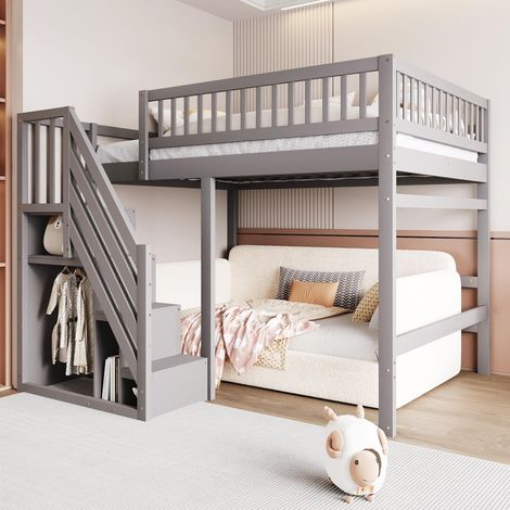 Lit en bois massif 140200, escalier avec armoire de rangement, haute rambarde, lit enfant, lit adolescent, cadre de lit en bois massif, gris, garantie 2 ans