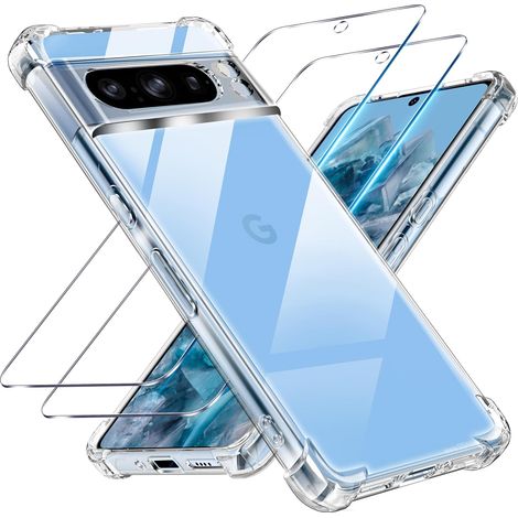 3 en 1 Verre Trempé et Coque pour Google Pixel 8 Pro, [Coussin d'air Intégré] Anti-Jaunissement Souple TPU Bumper Coque Protection pour Pixel 8 Pro, Transparente (1/5)