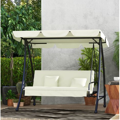 Dondolo da giardino 3 posti in metallo crema bianco con funzione letto e tettuccio regolabile 200x125x170 cm (1/5)