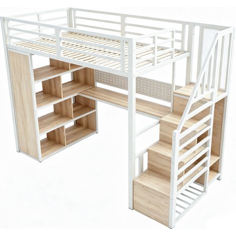 Lit mezzanine en métal 90 x 200 cm avec armoire et rangements, échelle à marches, bureau avec prises aux normes européennes, panneau perforé et bande LED, grande armoire de rangement, lit simple, blan