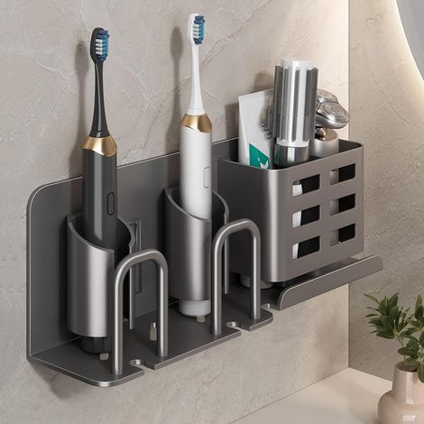 Support mural brosses à dents électriques – aluminium sans perçage, 2 compartiments, rangement 4 brosses dentifrice gobelets, organisateur salle de bain gris anthracite