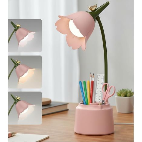 Lampe de Table D'étude Rechargeable Protection des Yeux, Tactile Lampe de Bureau à LED Portable avec Porte-stylo pour Enfants, Lampe de Chevet LED, Lampe de Lecture Dimmable,3 Modes de Couleur (Rose) (1/5)