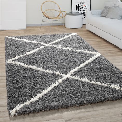 Paco Home Hochflor Teppich Wohnzimmer Shaggy Skandinavisches Rauten Muster, Modern Dunkel Grau 140x200 cm