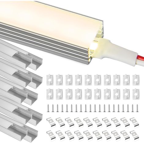 Profilé Aluminium LED 10 x 1M Aluminium Profilé U-forme Canal pour Bandes à LED Ruban, Compact Finition avec Couvercle Blanc Crème, Embouts, Clips de Montage en Métal (1/5)