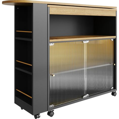 Table de bar extensible avec rangement, plateau MDF, LED colorée, roulettes, noir (138-204×39×105 cm)