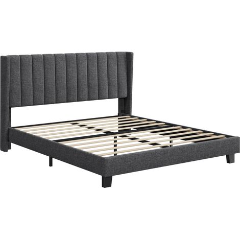 Yaheetech Letto Imbottito Matrimoniale Testiera a Strisce con Rete a Doghe in Legno e Metallo Grigio Scuro 160 x 200 cm
