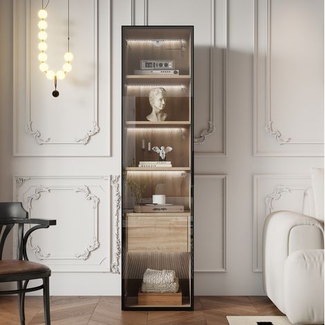 Meuble de salle de bain 40 cm avec bande lumineuse, 1 tiroir, porte en verre trempé HAVRYA (1/5)